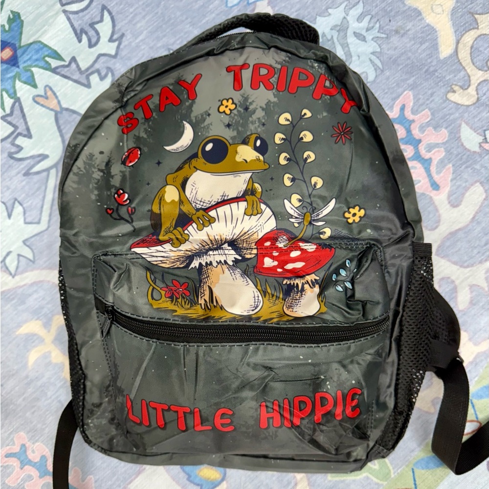 New Stay Trippy Little Hippie Backpack with frog and mushrooms 🐸🍄
